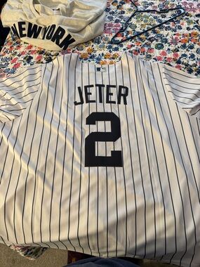 MLB White and Navy Pinstripe Jersey with Black Lettering
